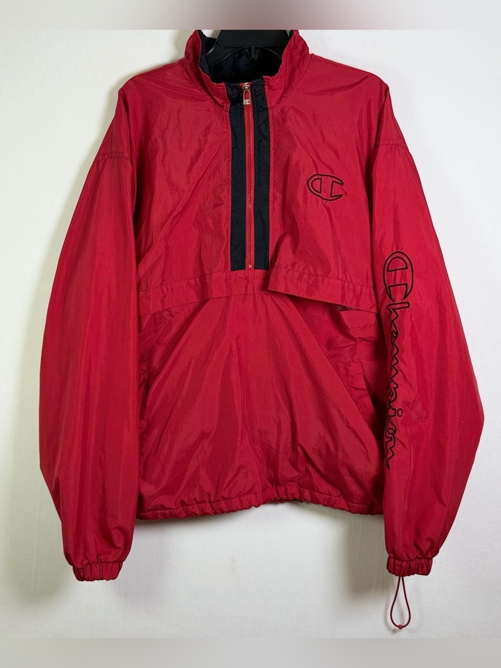 Vintage 90s Champion Men Sz L Red Spellout Half Zip Pullover Windbreaker Jacket